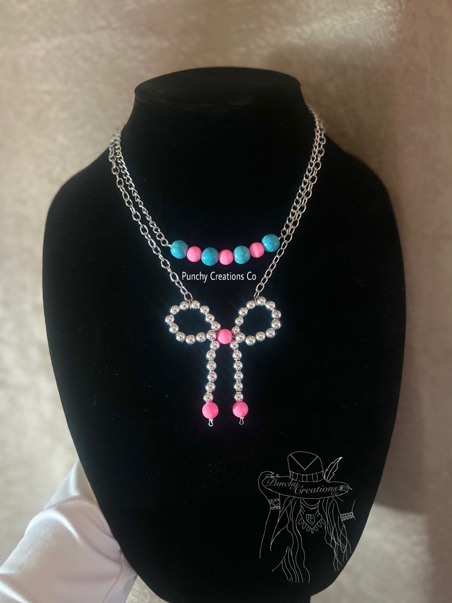 Pink Rush Silver Bow Necklace